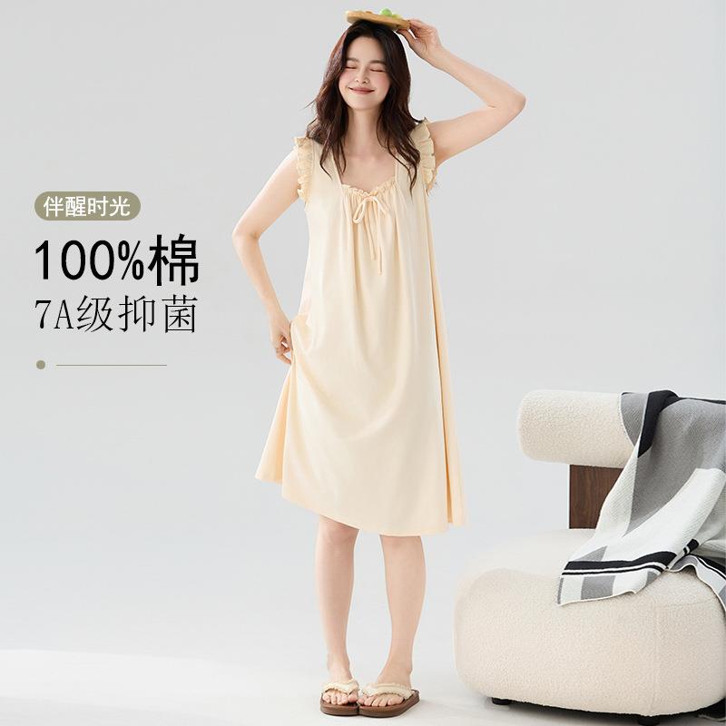 HEARMES A类抗菌背心睡裙女士夏季纯棉无袖连衣中长款加大码全棉