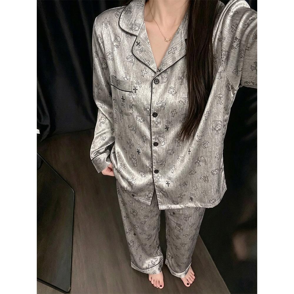 HEARMES 星空灰猫咪冰丝睡衣女春秋季长袖家居服夏天短袖三件套薄