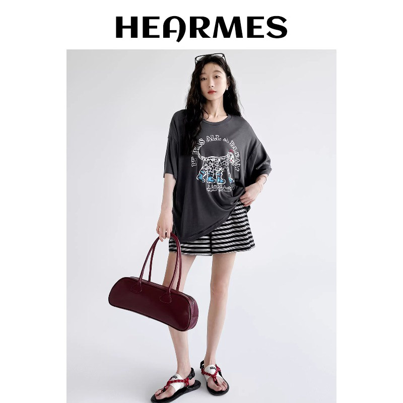 HEARMES 凉感睡衣女夏季薄款天丝时尚条纹短袖宽松卡通薄套装