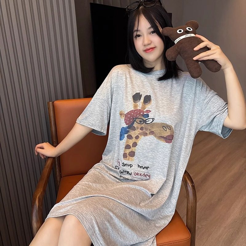 HEARMES 灰色卡通莫代尔睡裙女夏季短袖睡衣莫甜美圆领中长款薄款
