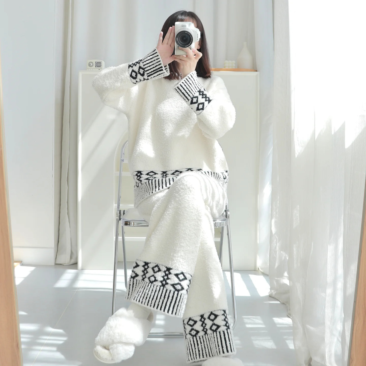HEARMES 菱格条纹珊瑚绒睡衣女款秋冬季宽松保暖半边绒家居服套装