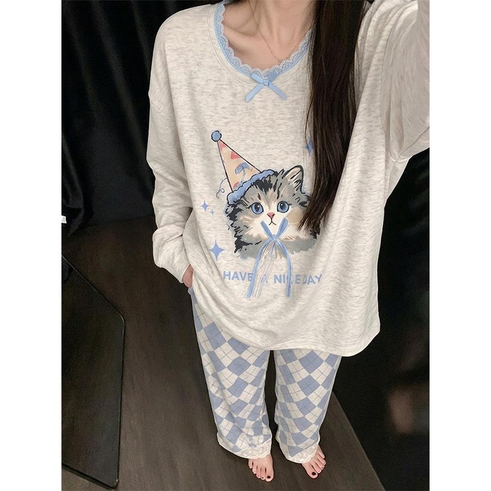 HEARMES 卡通猫咪棉质睡衣女春秋季长袖长裤家居服夏天休闲可外穿
