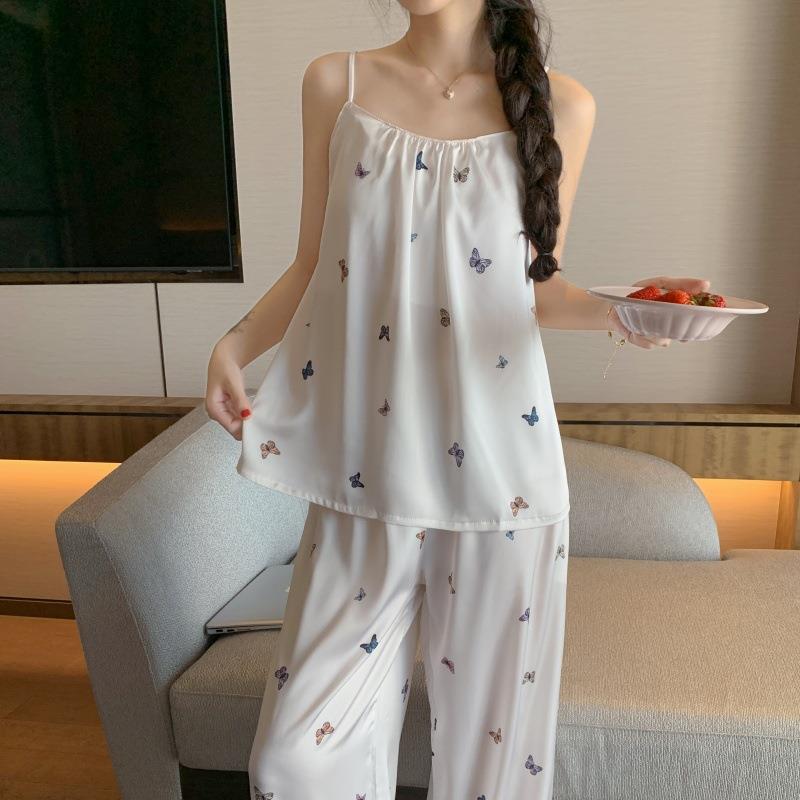 HEARMES 睡衣女夏季冰雪丝吊带长裤大码带胸垫国风休闲套装家居服