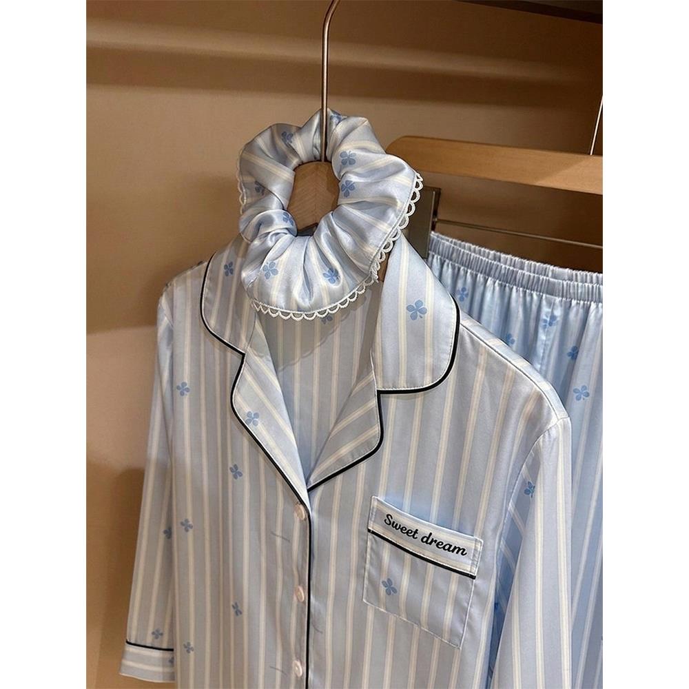 HEARMES 高级蝴蝶条纹冰丝睡衣女春秋季长袖家居服夏天短袖三件套