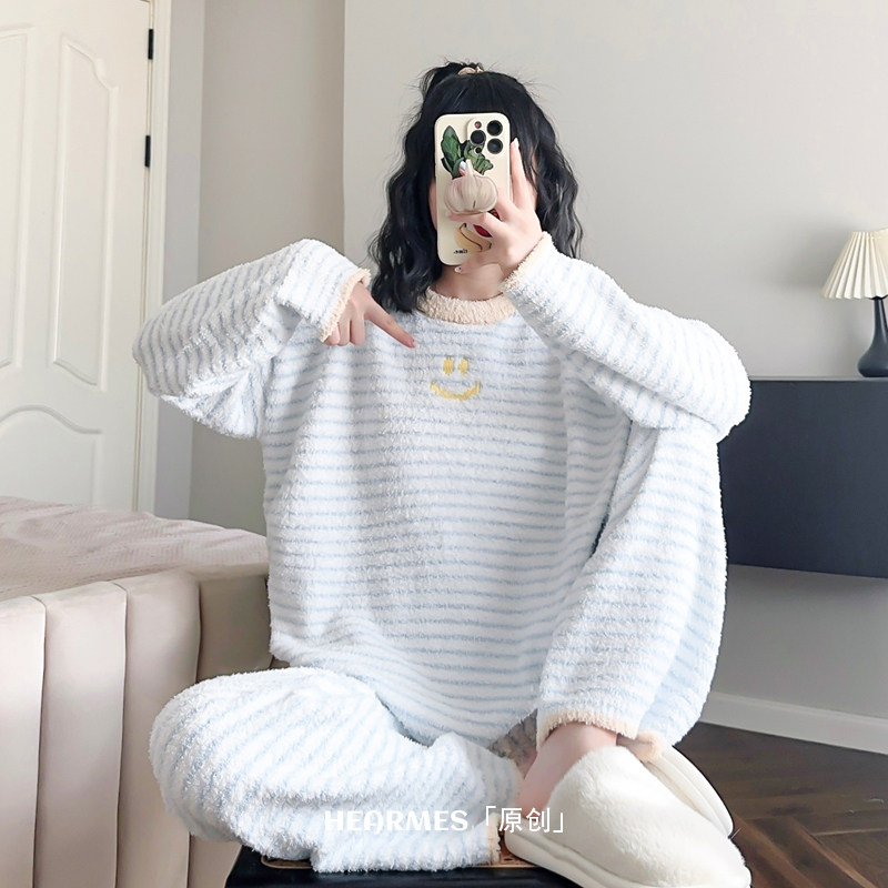 HEARMES 日系软绵绵冬季睡衣女可外穿珊瑚绒保暖半边绒秋冬家居服