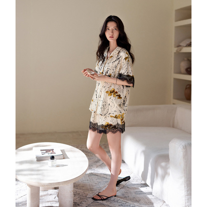 HEARMES 睡衣女夏季短袖短裤莫代尔开衫蕾丝休闲家居服可外穿套装