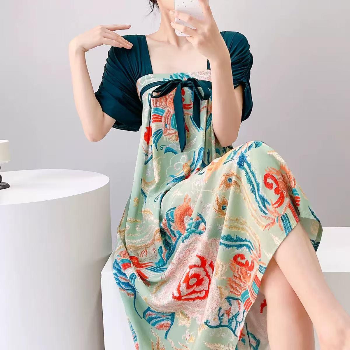 HEARMES 汉服短袖绵绸睡裙女夏季棉绸可外穿仙气带胸垫家居服国风