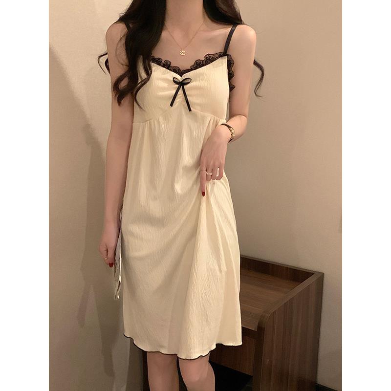 HEARMES 夏天吊带睡裙女梭织棉带胸垫睡衣女小个子学生花边家居服