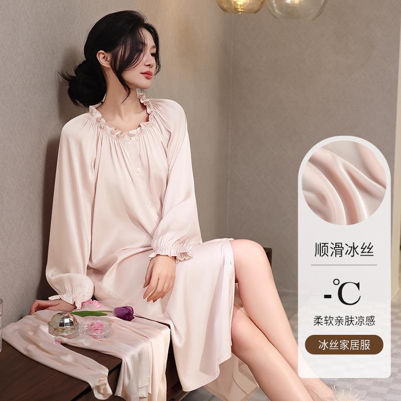HEARMES【冰雪丝】睡衣女士春秋睡裙长袖法式大码冰丝绸连衣裙家