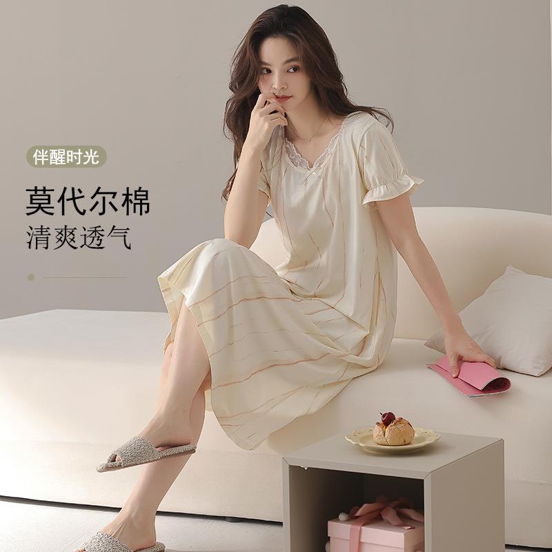 HEARMES【超柔软】莫代尔棉睡裙女士夏季短袖连衣裙休闲可外穿凉