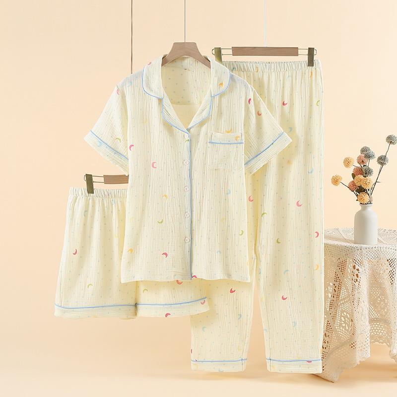HEARMES 睡衣女春夏薄款双层纯棉纱翻领短袖长裤短裤居家服宽松大