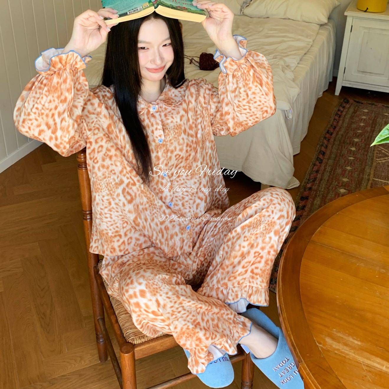 HEARMES 复古豹纹全棉双层纱布长袖长裤睡衣女春秋薄款宽松家居服