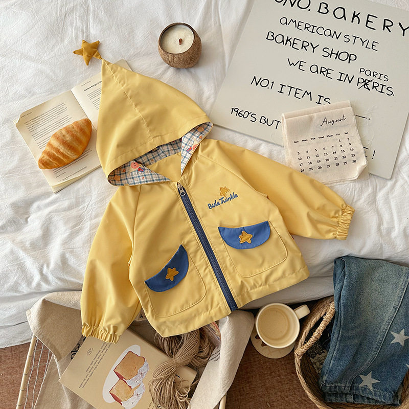 男童外套春装2026新款韩版拉链连帽外套洋气星星连帽卡通童外套