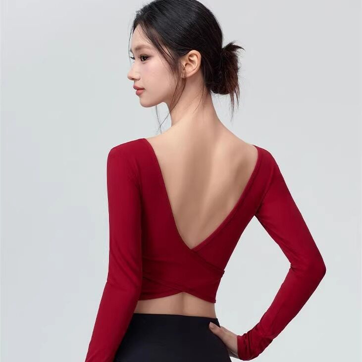 秋季新款交叉美背修身瑜伽服女士瑜伽t恤