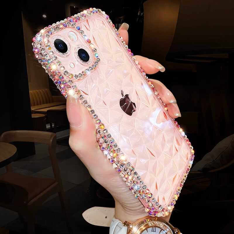 安拓彩钻边框新款奢华适用苹果13Promax钻石纹iPhone14透明高级感15Pro网红少女11个性15p全包防摔软手