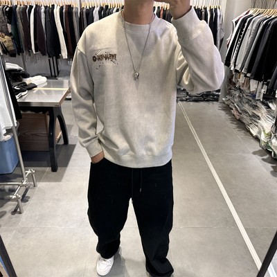 美式小雏菊刺绣加绒圆领卫衣男冬季新款高端轻奢痞帅复古扎染上衣