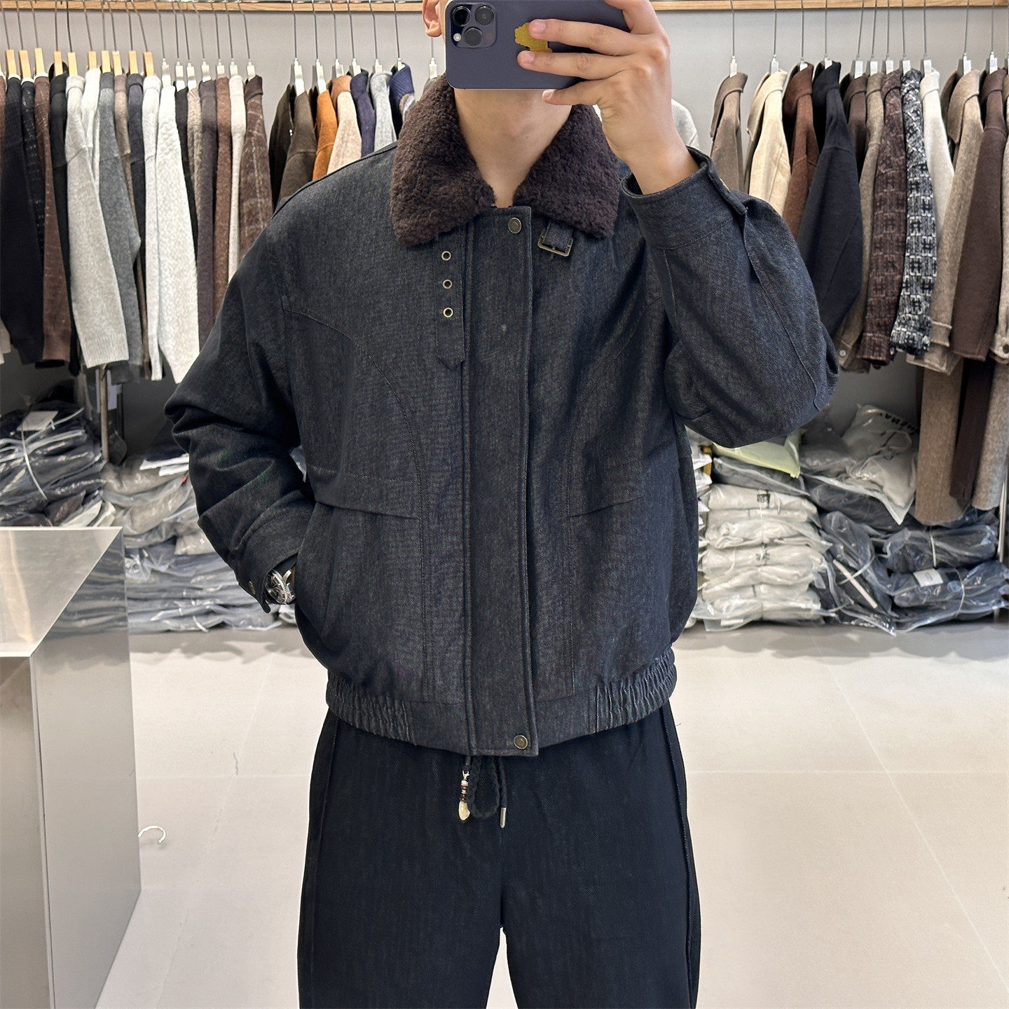 羊羔绒毛领拼接水洗牛仔羽绒服男冬季轻薄款防寒保暖90白鸭绒外套