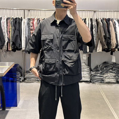 JVFIVE夏季户外机能风多口袋短袖衬衫男美式宽松痞帅中袖衬衣外套