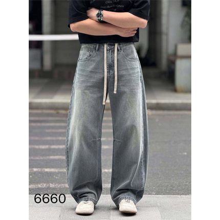 美式高街复古水洗做旧垂感弯刀牛仔裤男春季潮流宽松直筒阔腿长裤