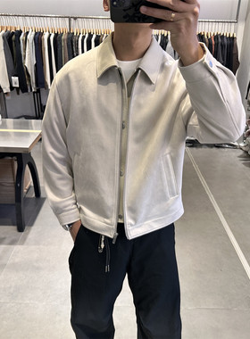 春季新款老钱风复古翻领鹿皮绒夹克男韩系简约拼接假两件皮衣外套