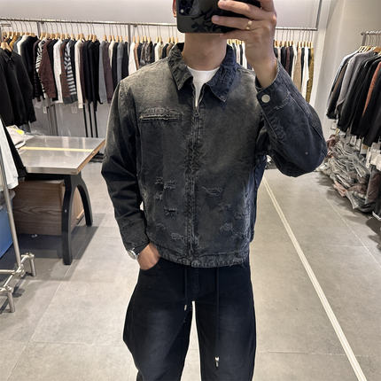 2026春季潮牌巴黎废土风破洞牛仔夹克男老钱复古短款牛仔衣外套潮
