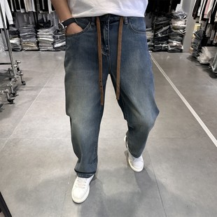 男潮牌痞帅水洗做旧宽松直筒长裤 秋季 复古阔腿牛仔裤 美式 新款