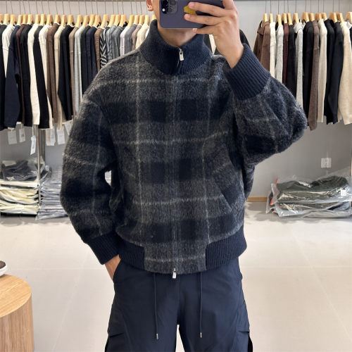 秋冬高端复古撞色黑白格双面羊毛呢大衣男防寒保暖羊驼毛呢子外套