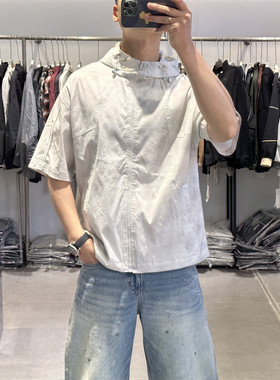 古伦尚夏季户外复古扎染连帽短袖衬衫美式宽松痞帅薄款衬衣外套潮