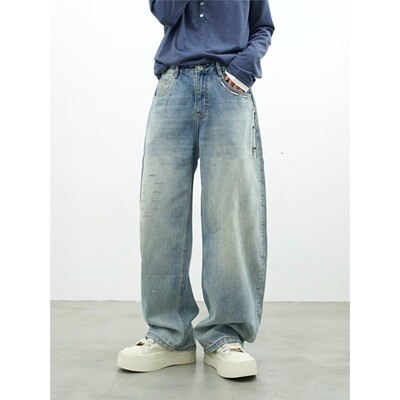 ONXE春季男重磅水洗做旧泼墨弯刀牛仔裤美式高街宽松痞帅阔腿长裤