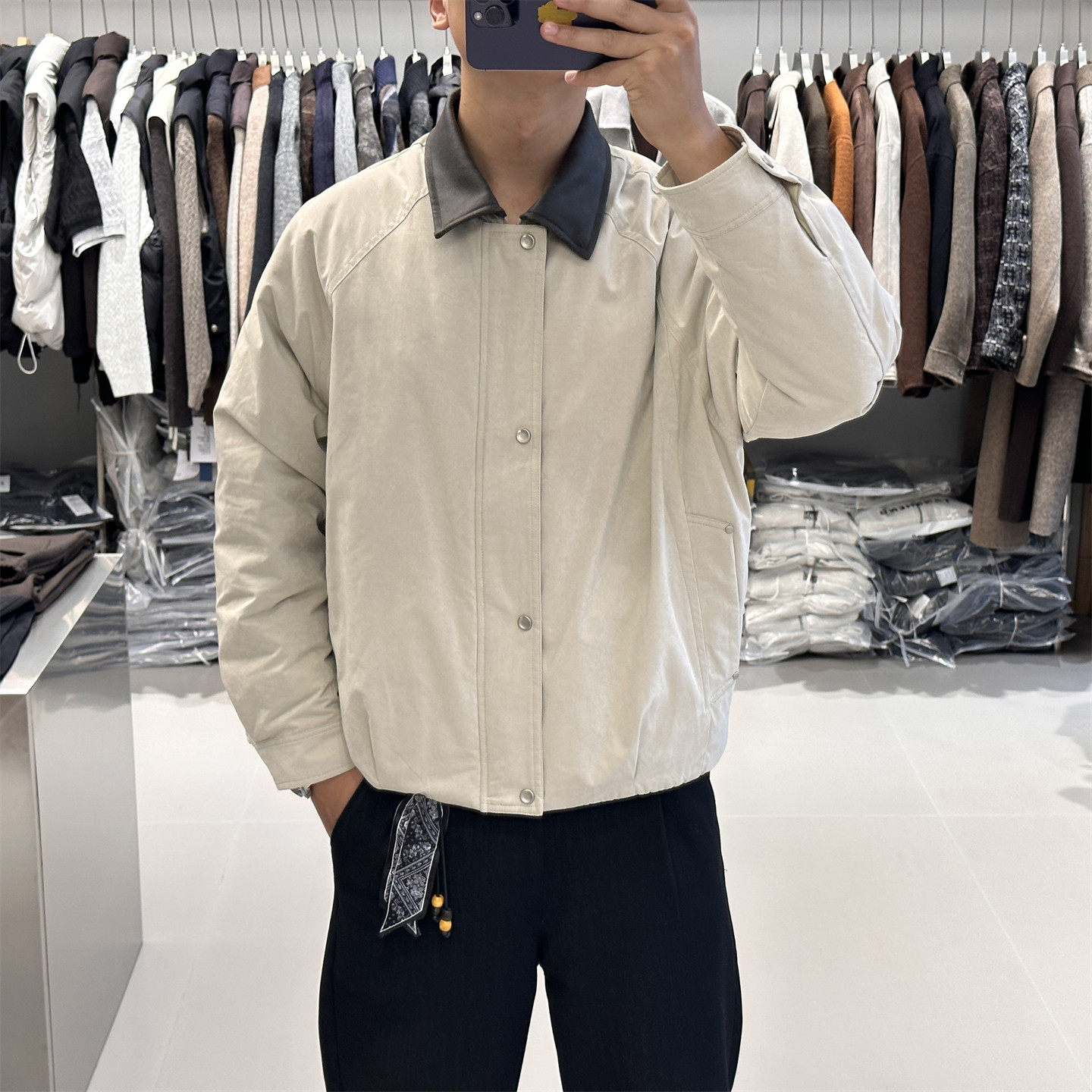 Pu皮领拼接翻领短款羽绒服男冬季轻薄款保暖90鸭绒通勤羽绒外套潮