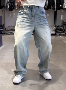 2026春夏新款美式复古做旧浅蓝色牛仔裤男潮牌水洗阔腿直筒长裤潮