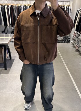 冬季新款老钱风短款翻领白鸭绒夹克男美式宽松工装鹿皮绒羽绒皮衣