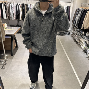 秋冬美式 轻奢小香风连帽卫衣男半拉链呢料外套设计感复古加厚上衣