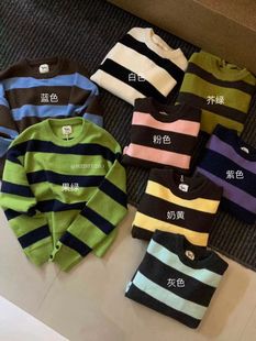 广州十三行韩系百搭拼色宽条纹保暖套头毛衣女秋冬宽松外搭上衣潮