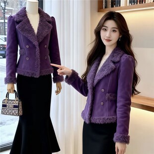 加绒加厚小香风皮毛一体外套女士秋冬新款时尚西装领短款保暖上衣