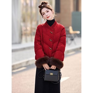 新中式国风羽绒棉服女2025冬装新款巨好看短款红色狐狸毛保暖外套