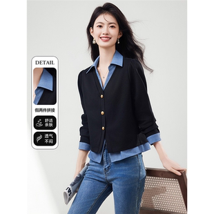 假两件拼接衬衫女装春2025新款长袖高级感时尚洋气减龄小个子上衣
