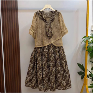欧货大码显瘦时尚套装裙女胖mm飘带领针织网外套碎花连衣裙两件套