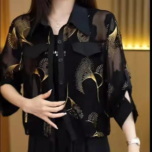 上衣 国风设计感印花POLO领雪纺衬衫 女夏季 时尚 宽松显瘦洋气防晒衫