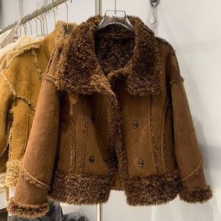 全羊毛皮毛一体外套女机车款 颗粒绒皮毛一体 羊羔毛皮草2025新款