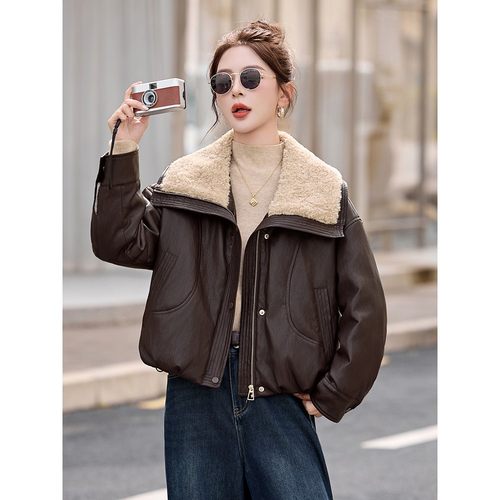 冬季羊羔毛领短款PU皮羽绒服女