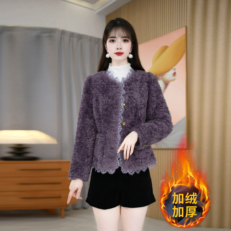 美瑞皮毛一体蕾丝边短外套棉衣