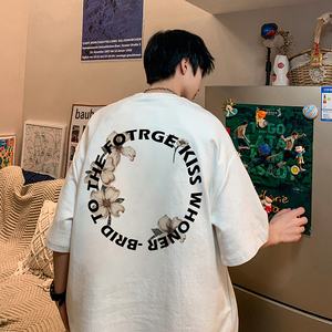 1009-CC424-P23-限价39*港风宽松短袖T恤男夏季新款印花五分袖t恤图片