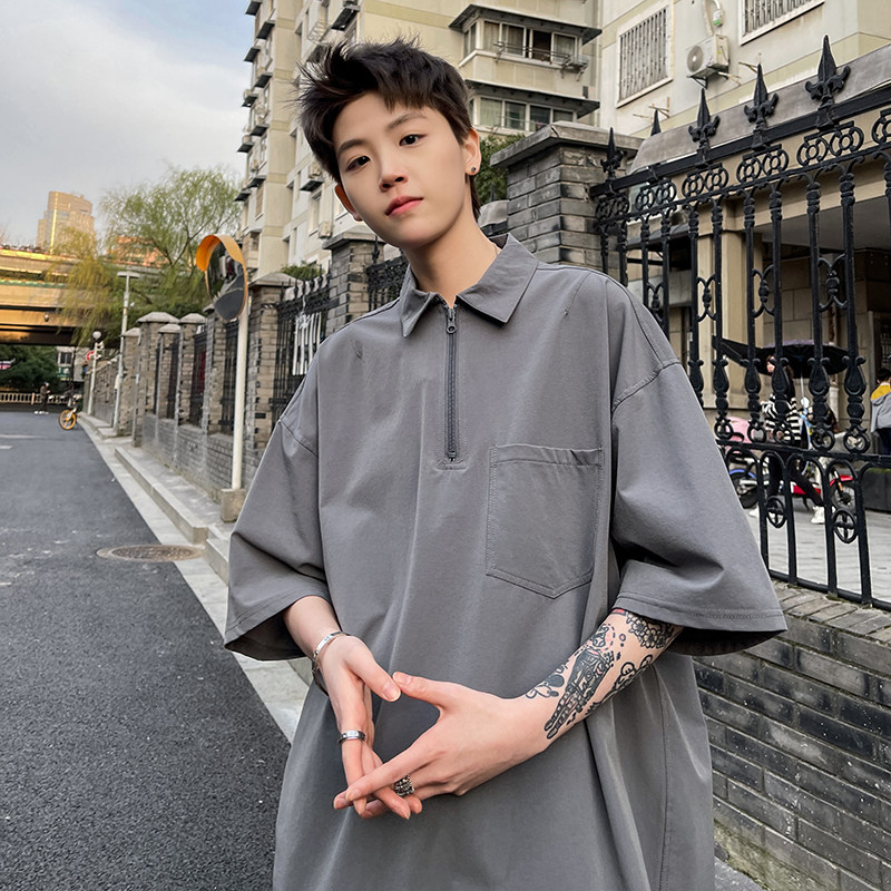 美式半拉链Polo衫短袖男夏季潮牌重磅翻领plol衫vintage七分袖t恤,男装Polo衫,四季星座1009