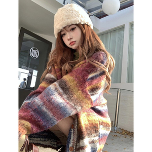 1009-KS798-P85-卖118彩色条纹撞色针织衫宽松慵懒风毛衣外套情侣,灰白色风衣搭配什么颜色的毛衣图片