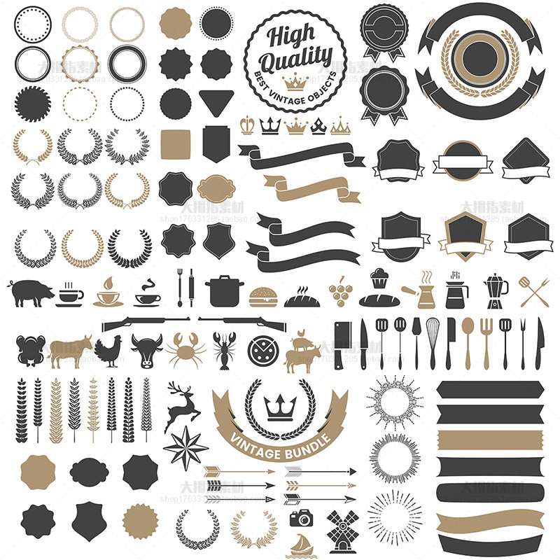 欧式复古徽章丝带psd模板几何图形麦穗丝带标签ai矢量设计素材z11