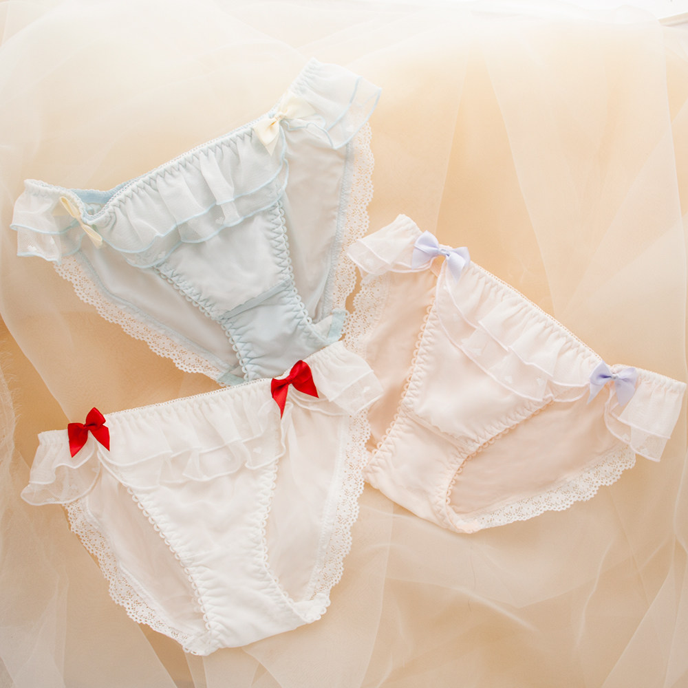 日系甜美少女内裤超细牛奶丝薄款泳布蕾丝荷叶边女士三角裤大蝴蝶