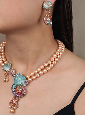 FFOOOO 中古vintage项链镶钻滴油贝壳海螺珍珠项链夸张项饰耳饰