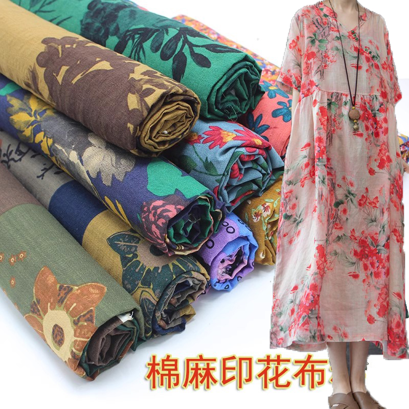 夏季薄款中国风清凉泡泡棉麻印花布料儿童服装连衣沙滩裙汉服面料