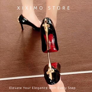 金色利刃权杖高跟鞋女2026新款欧美风细跟红底尖头鞋浅口漆皮单鞋